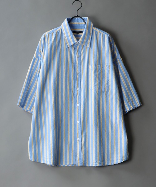 SITRY（シトリー）の「Oversize Drop shoulder broadcloth stripe shirt/オーバーサイズ ドロップショルダー ブロード ストライプ 半袖シャツ（シャツ/ブラウス・メンズ・サックスブルー/ピンク/イエロー・M/L）」の2枚目の写真
