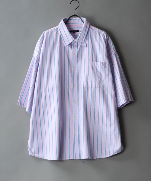 SITRY（シトリー）の「Oversize Drop shoulder broadcloth stripe shirt/オーバーサイズ ドロップショルダー ブロード ストライプ 半袖シャツ（シャツ/ブラウス・メンズ・サックスブルー/ピンク/イエロー・M/L）」の3枚目の写真