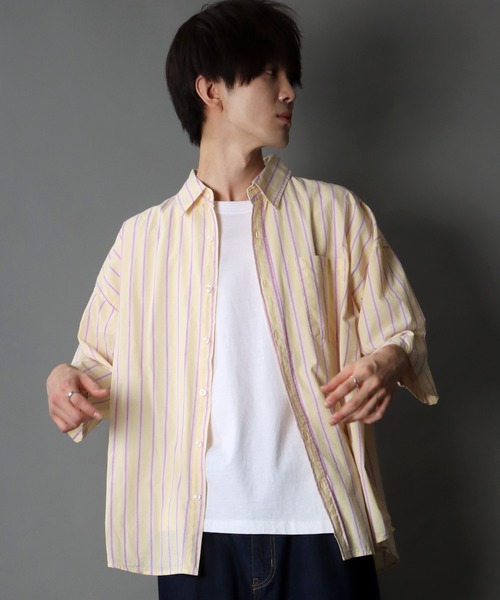 SITRY（シトリー）の「Oversize Drop shoulder broadcloth stripe shirt/オーバーサイズ ドロップショルダー ブロード ストライプ 半袖シャツ（シャツ/ブラウス・メンズ・サックスブルー/ピンク/イエロー・M/L）」の18枚目の写真