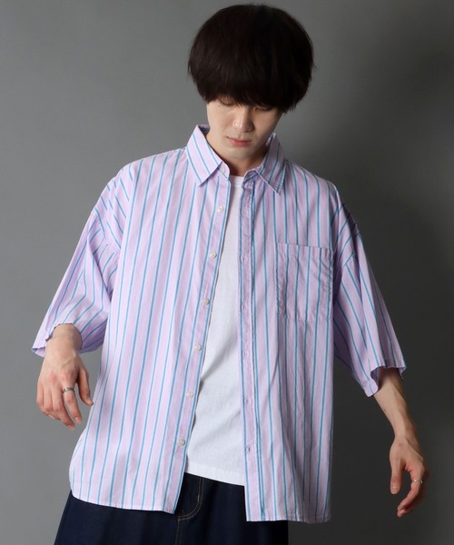 SITRY（シトリー）の「Oversize Drop shoulder broadcloth stripe shirt/オーバーサイズ ドロップショルダー ブロード ストライプ 半袖シャツ（シャツ/ブラウス・メンズ・サックスブルー/ピンク/イエロー・M/L）」の16枚目の写真