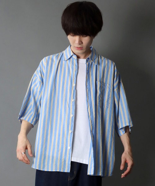 SITRY（シトリー）の「Oversize Drop shoulder broadcloth stripe shirt/オーバーサイズ ドロップショルダー ブロード ストライプ 半袖シャツ（シャツ/ブラウス・メンズ・サックスブルー/ピンク/イエロー・M/L）」の14枚目の写真