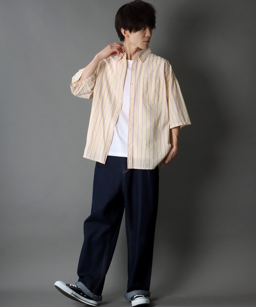 SITRY（シトリー）の「Oversize Drop shoulder broadcloth stripe shirt/オーバーサイズ ドロップショルダー ブロード ストライプ 半袖シャツ（シャツ/ブラウス・メンズ・サックスブルー/ピンク/イエロー・M/L）」の13枚目の写真