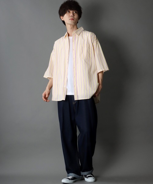SITRY（シトリー）の「Oversize Drop shoulder broadcloth stripe shirt/オーバーサイズ ドロップショルダー ブロード ストライプ 半袖シャツ（シャツ/ブラウス・メンズ・サックスブルー/ピンク/イエロー・M/L）」の12枚目の写真