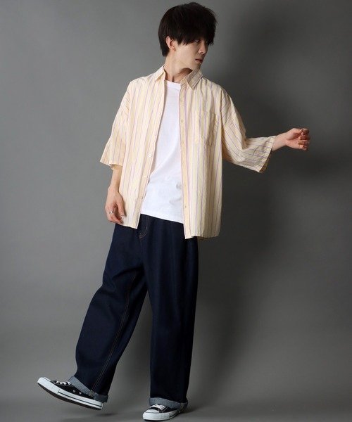 SITRY（シトリー）の「Oversize Drop shoulder broadcloth stripe shirt/オーバーサイズ ドロップショルダー ブロード ストライプ 半袖シャツ（シャツ/ブラウス・メンズ・サックスブルー/ピンク/イエロー・M/L）」の11枚目の写真