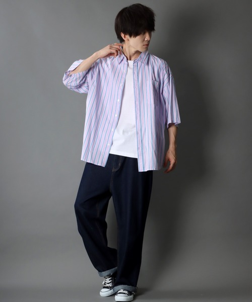 SITRY（シトリー）の「Oversize Drop shoulder broadcloth stripe shirt/オーバーサイズ ドロップショルダー ブロード ストライプ 半袖シャツ（シャツ/ブラウス・メンズ・サックスブルー/ピンク/イエロー・M/L）」の10枚目の写真