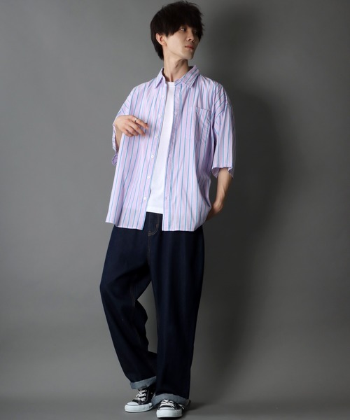 SITRY（シトリー）の「Oversize Drop shoulder broadcloth stripe shirt/オーバーサイズ ドロップショルダー ブロード ストライプ 半袖シャツ（シャツ/ブラウス・メンズ・サックスブルー/ピンク/イエロー・M/L）」の9枚目の写真