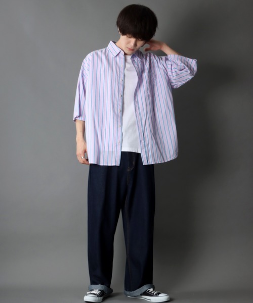 SITRY（シトリー）の「Oversize Drop shoulder broadcloth stripe shirt/オーバーサイズ ドロップショルダー ブロード ストライプ 半袖シャツ（シャツ/ブラウス・メンズ・サックスブルー/ピンク/イエロー・M/L）」の8枚目の写真