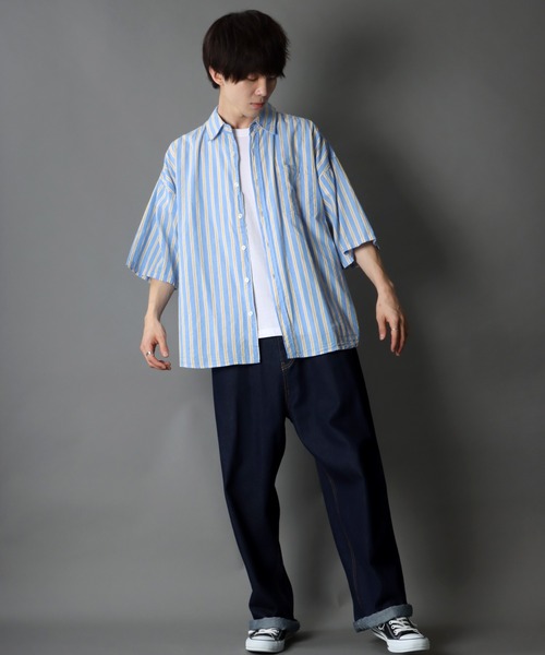 SITRY（シトリー）の「Oversize Drop shoulder broadcloth stripe shirt/オーバーサイズ ドロップショルダー ブロード ストライプ 半袖シャツ（シャツ/ブラウス・メンズ・サックスブルー/ピンク/イエロー・M/L）」の7枚目の写真