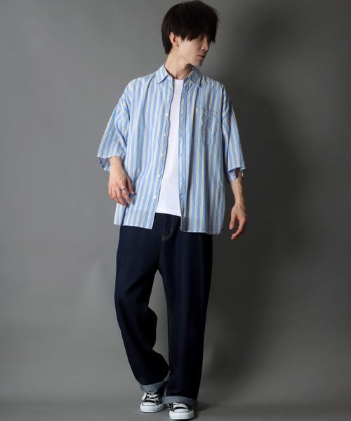 SITRY（シトリー）の「Oversize Drop shoulder broadcloth stripe shirt/オーバーサイズ ドロップショルダー ブロード ストライプ 半袖シャツ（シャツ/ブラウス・メンズ・サックスブルー/ピンク/イエロー・M/L）」の6枚目の写真