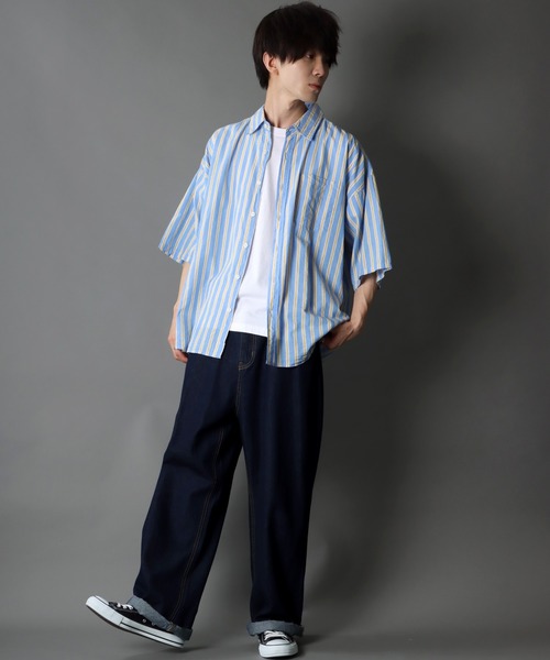 SITRY（シトリー）の「Oversize Drop shoulder broadcloth stripe shirt/オーバーサイズ ドロップショルダー ブロード ストライプ 半袖シャツ（シャツ/ブラウス・メンズ・サックスブルー/ピンク/イエロー・M/L）」の5枚目の写真