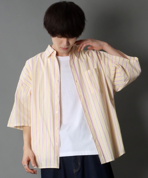 SITRY（シトリー）の「Oversize Drop shoulder broadcloth stripe shirt/オーバーサイズ ドロップショルダー ブロード ストライプ 半袖シャツ（シャツ/ブラウス・メンズ・サックスブルー/ピンク/イエロー・M/L）」の19枚目の写真