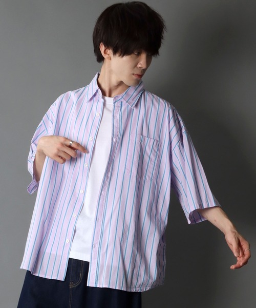 SITRY（シトリー）の「Oversize Drop shoulder broadcloth stripe shirt/オーバーサイズ ドロップショルダー ブロード ストライプ 半袖シャツ（シャツ/ブラウス・メンズ・サックスブルー/ピンク/イエロー・M/L）」の17枚目の写真