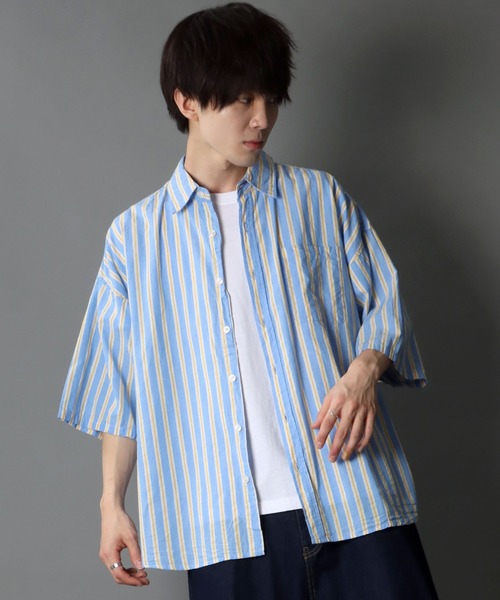 SITRY（シトリー）の「Oversize Drop shoulder broadcloth stripe shirt/オーバーサイズ ドロップショルダー ブロード ストライプ 半袖シャツ（シャツ/ブラウス・メンズ・サックスブルー/ピンク/イエロー・M/L）」の15枚目の写真