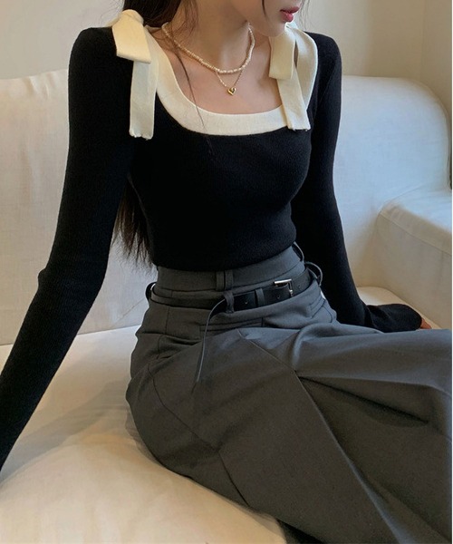 LOPASS（ロパス）の「バイカラーニットブラウス（Tシャツ/カットソー・レディース・ブラック/アイボリー・M）」の2枚目の写真