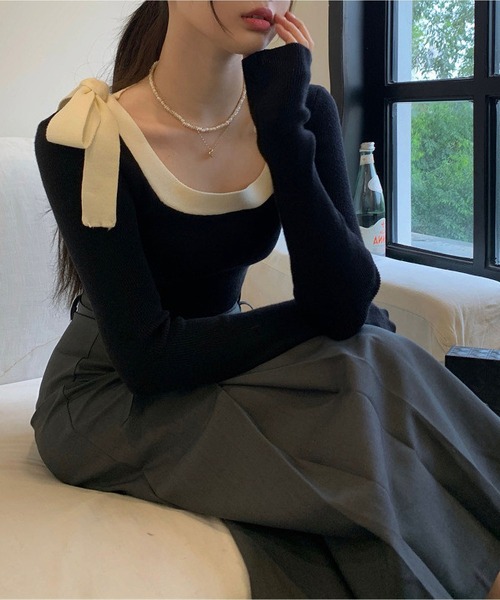 LOPASS（ロパス）の「バイカラーニットブラウス（Tシャツ/カットソー・レディース・ブラック/アイボリー・M）」の9枚目の写真