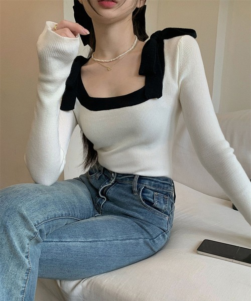 LOPASS（ロパス）の「バイカラーニットブラウス（Tシャツ/カットソー・レディース・ブラック/アイボリー・M）」の3枚目の写真