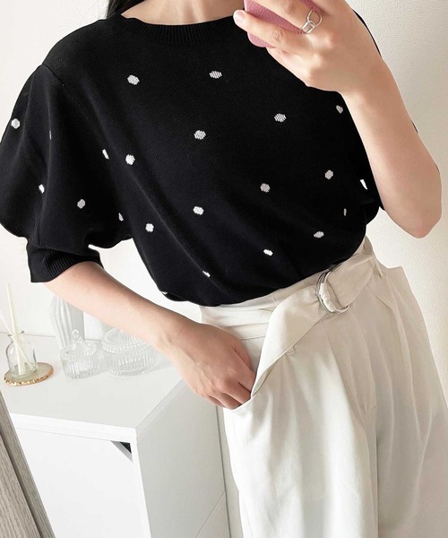 GeeRA(ジーラ)の「夏 にぴったり。ドット柄ジャガード半袖トップス(Tシャツ/カットソー・レディース・ブラック/ベージュ/ネイビー/グレー・MEDIUM/LARGE)」の20枚目の写真