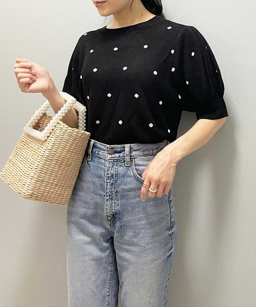 GeeRA(ジーラ)の「夏 にぴったり。ドット柄ジャガード半袖トップス(Tシャツ/カットソー・レディース・ブラック/ベージュ/ネイビー/グレー・MEDIUM/LARGE)」の21枚目の写真