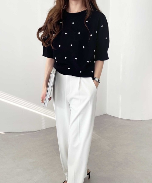 GeeRA（ジーラ）の「夏 にぴったり。ドット柄ジャガード半袖トップス（ニット/セーター・レディース・ブラック/ベージュ/ネイビー/グレー・MEDIUM/LARGE）」の12枚目の写真