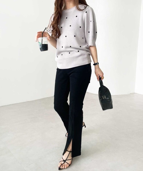 GeeRA（ジーラ）の「夏 にぴったり。ドット柄ジャガード半袖トップス（ニット/セーター・レディース・ブラック/ベージュ/ネイビー/グレー・MEDIUM/LARGE）」の13枚目の写真