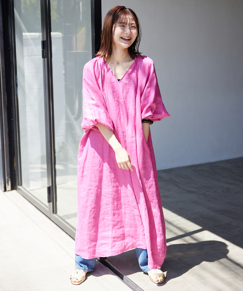 新品SLOB IENA ボリュームスリーブリネンワンピース SLOBE IENA ワンピース 「追加」ボリュームスリーブリネン