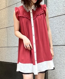 襟刺繍バイカラーチュニック