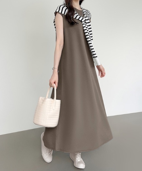 あんころもちもち　Aワンピ ブラウンS セール】【11色展開】 フレンチスリーブワンピース フレアロング