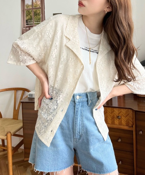 ホワイトレース襟シャツ 半袖 Lace Ladies（レースレディース） 立ち襟 レース 半袖 ブラウス シャツ