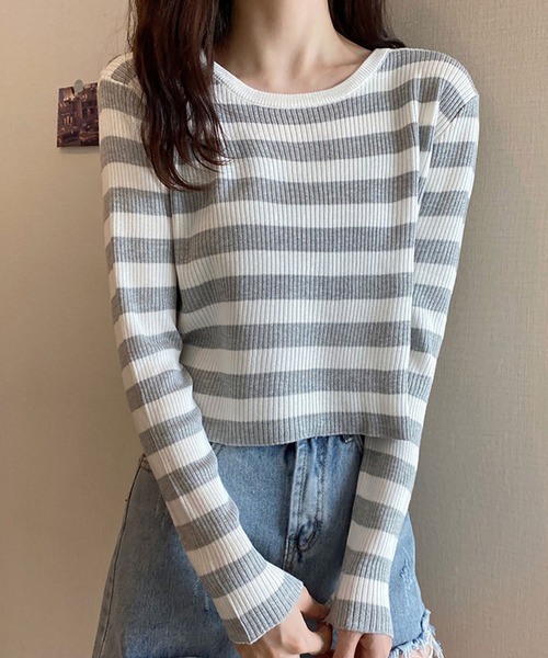 NinaetLina(ニナエリナ)の「ボーダー柄ニット(ニット/セーター・レディース・グレー/オレンジ/ブラック・FREE)」の5枚目の写真