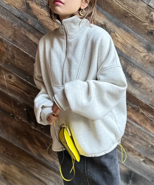 ハーフジップ配色ドロスト裏起毛アノラックトップス（スウェット）｜mi