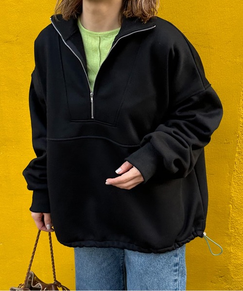 ハーフジップ配色ドロスト裏起毛アノラックトップス（スウェット）｜mi