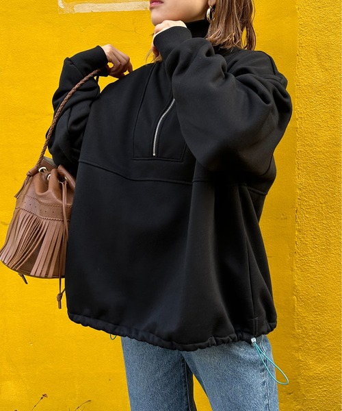 ハーフジップ配色ドロスト裏起毛アノラックトップス（スウェット）｜mi