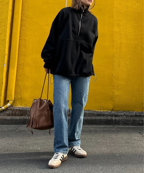 ハーフジップ配色ドロスト裏起毛アノラックトップス（スウェット）｜mi