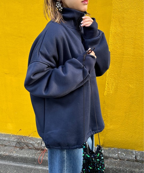 ハーフジップ配色ドロスト裏起毛アノラックトップス（スウェット）｜mi