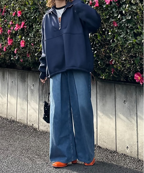 ハーフジップ配色ドロスト裏起毛アノラックトップス（スウェット）｜mi