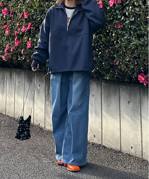 ハーフジップ配色ドロスト裏起毛アノラックトップス（スウェット）｜mi