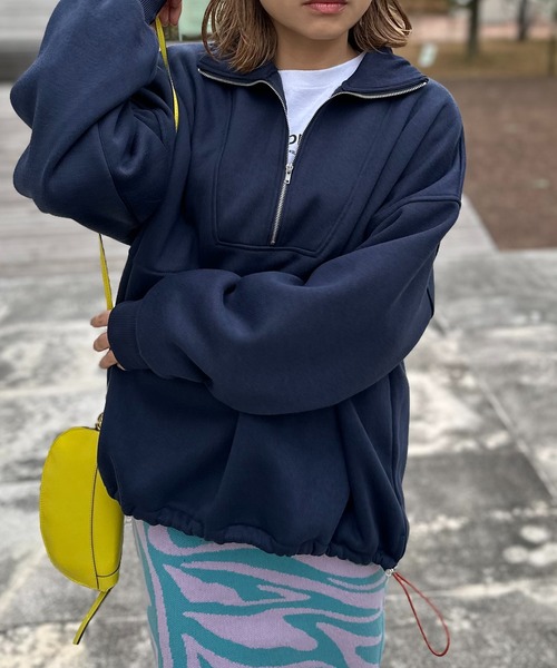 セール】ハーフジップ配色ドロスト裏起毛アノラックトップス