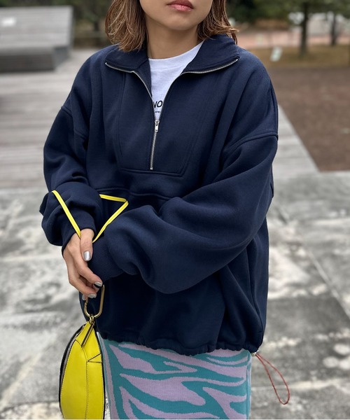 ハーフジップ配色ドロスト裏起毛アノラックトップス（スウェット）｜mi