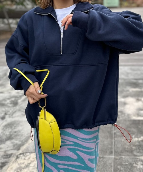 セール】ハーフジップ配色ドロスト裏起毛アノラックトップス