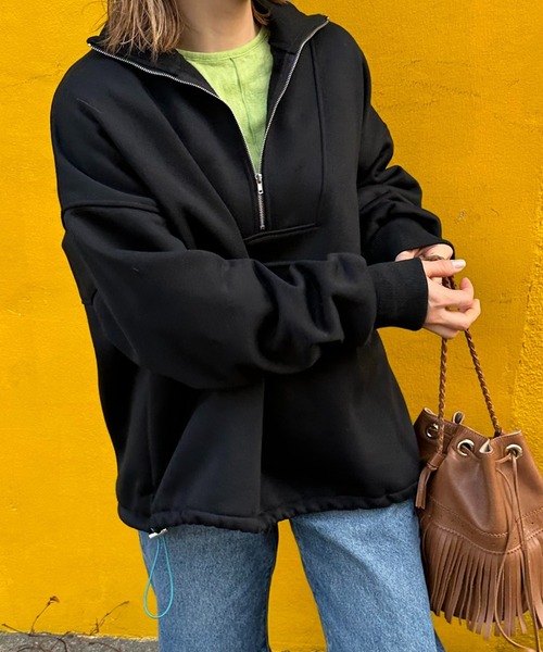 ハーフジップ配色ドロスト裏起毛アノラックトップス（スウェット）｜mi