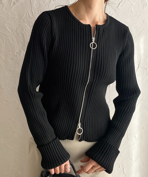 セール】ダブルジップアップ長袖リブニットカーディガン/ニット