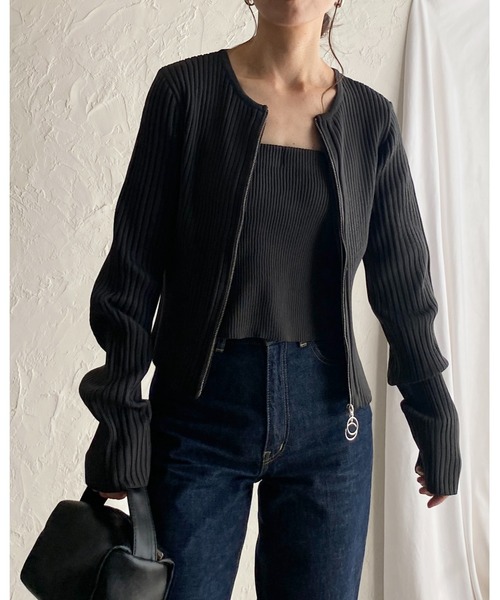 セール】ダブルジップアップ長袖リブニットカーディガン/ニット