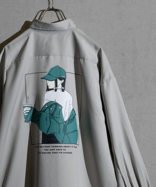JOHN'S CLOSET（ジョンズクローゼット）の「【a】ライトポリエステル ガールイラスト ビッグシャツ 長袖（シャツ/ブラウス・メンズ・ブルー系その他/グレー系その他/ブラック/ブラック系その他/ブルー/ホワイト系その他/ライトグレー/ホワイト・LARGE/MEDIUM）」の6枚目の写真
