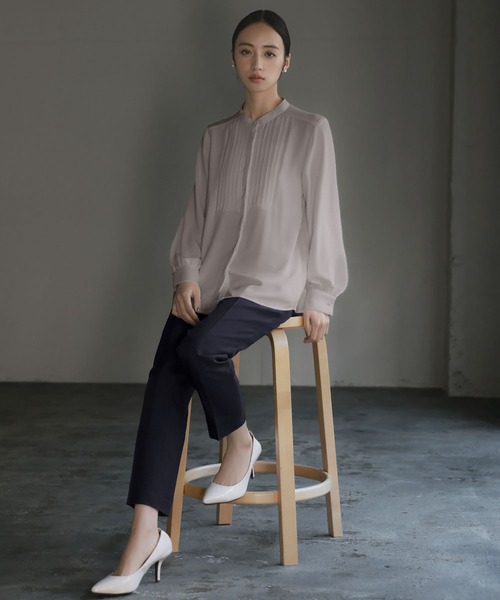 セール】フロントタックスタンドカラーブラウス オフィス ビジネス