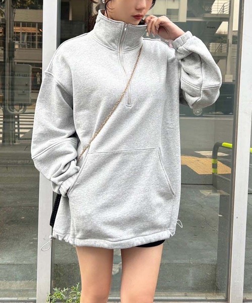 one after another NICE CLAUP(ワンアフターアナザーナイスクラップ)の「ハーフジップワンポイント刺繍スウェット(スウェット・レディース・ネイビー/杢グレー/サックスブルー/アイボリー・FREE)」の1枚目の写真
