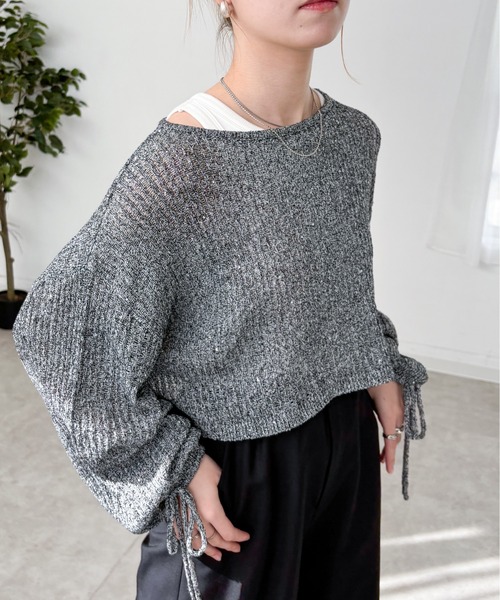 EPIMI E'PIMMY（エピミエピミー）の「【ハンドウォッシャブル】透かし編みスパンコールラメニット（ニット/セーター・レディース・ブラック/オフホワイト/グレー/ブルー・MEDIUM）」の4枚目の写真