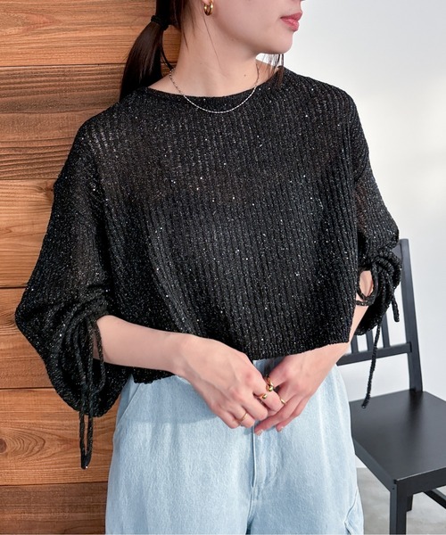 EPIMI E'PIMMY（エピミエピミー）の「【ハンドウォッシャブル】透かし編みスパンコールラメニット（ニット/セーター・レディース・ブラック/オフホワイト/グレー/ブルー・MEDIUM）」の3枚目の写真