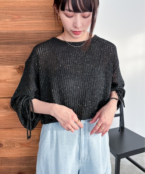 EPIMI E'PIMMY（エピミエピミー）の「【ハンドウォッシャブル】透かし編みスパンコールラメニット（ニット/セーター・レディース・ブラック/オフホワイト/グレー/ブルー・MEDIUM）」の7枚目の写真