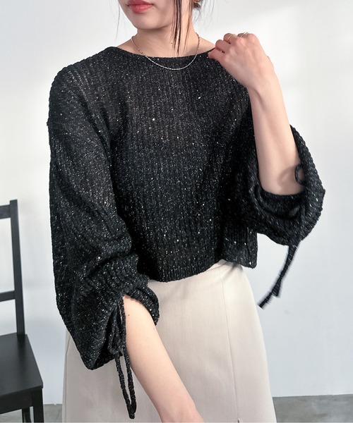 EPIMI E'PIMMY（エピミエピミー）の「【ハンドウォッシャブル】透かし編みスパンコールラメニット（ニット/セーター・レディース・ブラック/オフホワイト/グレー/ブルー・MEDIUM）」の13枚目の写真