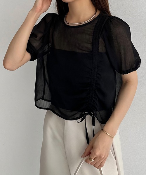 callautia(カラウティア)の「楊柳ギャザーショートトップス(Tシャツ/カットソー・レディース・ブラック/アイボリー/ミント・SMALL/MEDIUM/LARGE/X-LARGE)」の4枚目の写真
